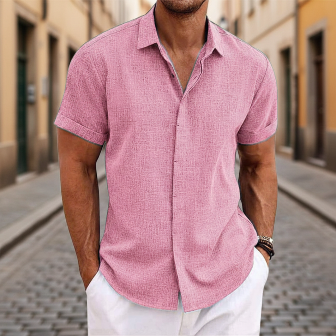 Men's short sleeve casual shirt lightweight breathable blended fabric subtly textured weave everyday comfort