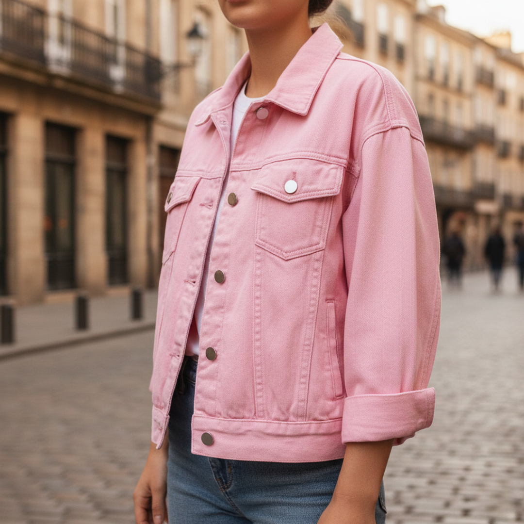 Women's pink denim-style jacket polyester blend with metal buttons and functional pockets