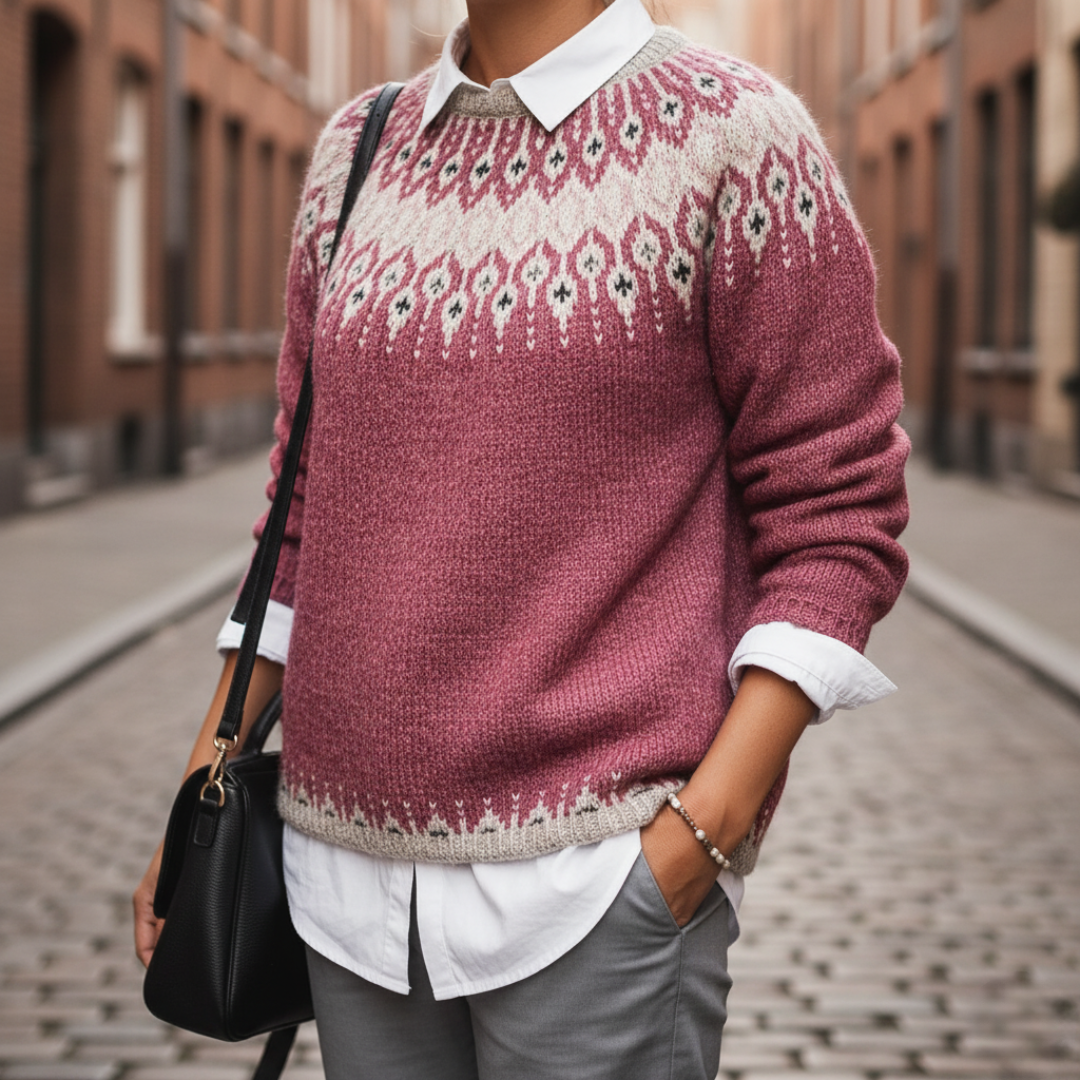 Women's round neck sweater soft polyester diamond pattern cozy casual everyday warmth refined elegance