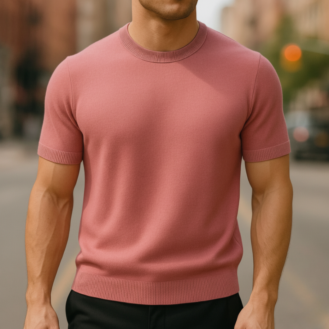 Men's slim fit short sleeve cashmere sweater lightweight breathable luxury knit for warm climates