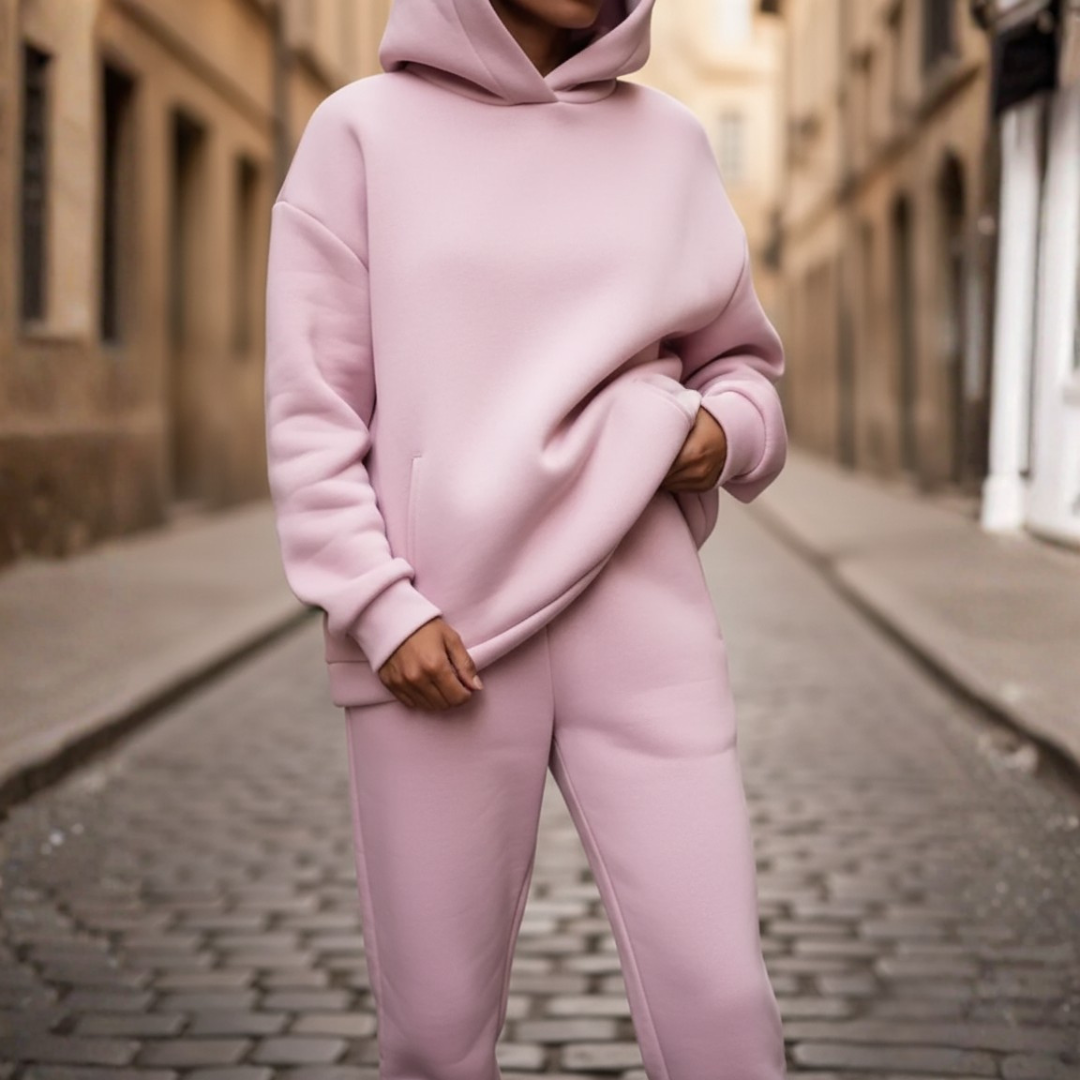 Women's elegant sporty hooded jumpsuit mixed fabric relaxed fit coordinated two-piece set