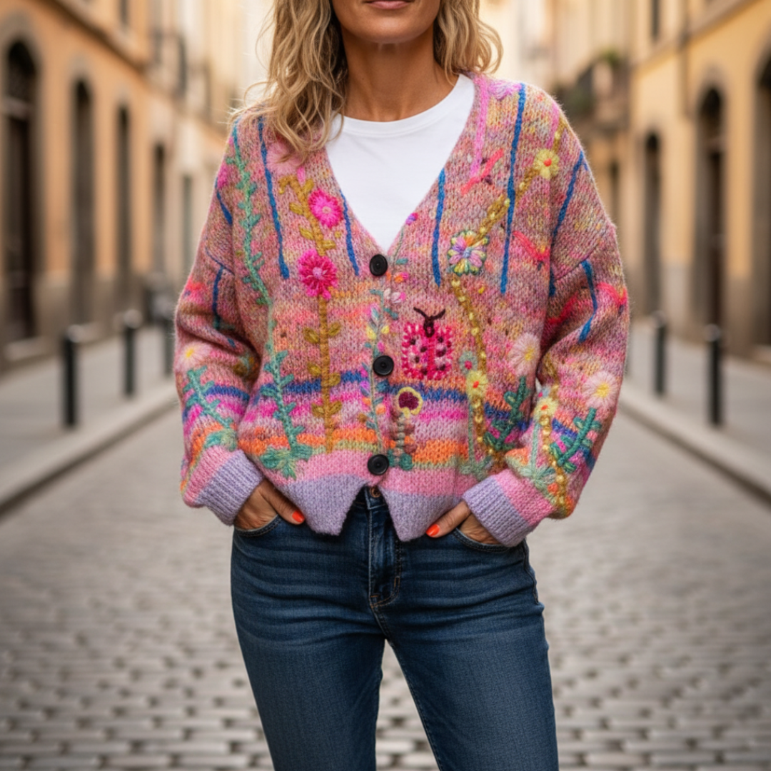 Women's chunky knit cardigan sweater with floral embroidery, V-neck, oversized cozy fit