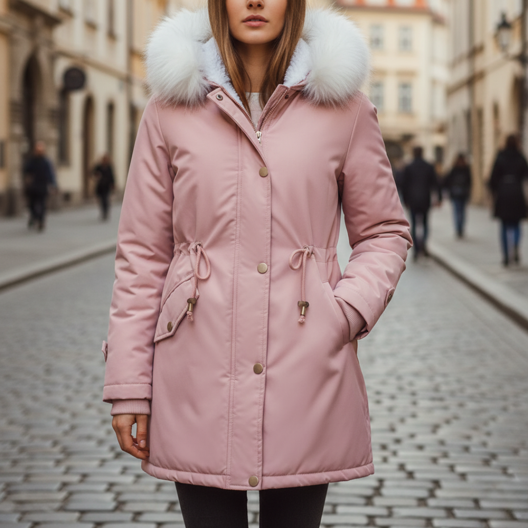 Women's long waterproof winter coat with fur-lined hood, insulated for cold weather, rain-ready durable fit