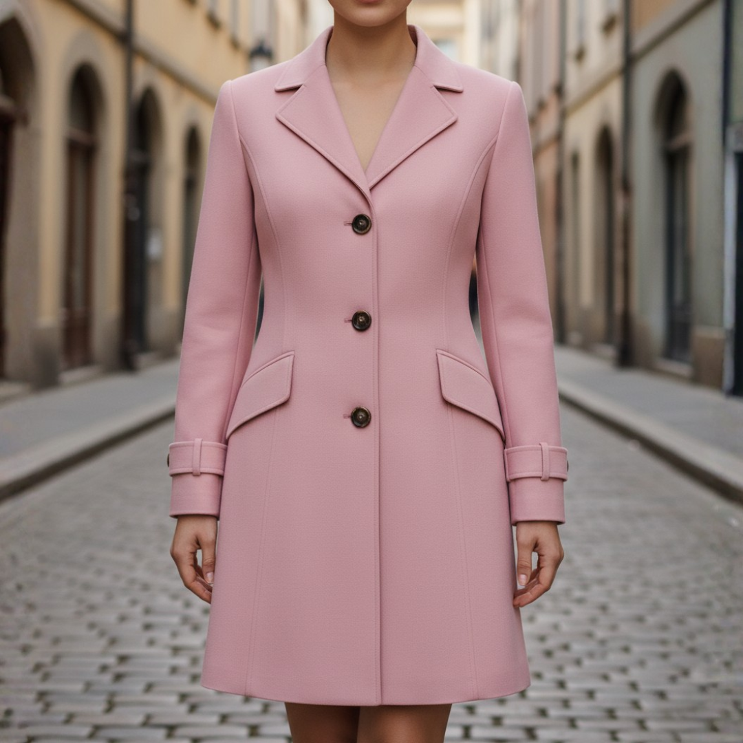 Women's long black coat classic collar button closure straight silhouette versatile all-season outerwear