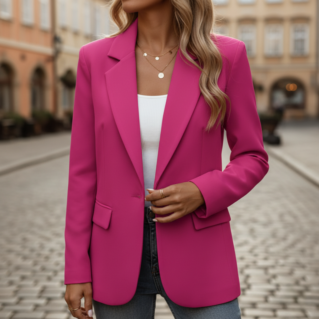 Women's professional blazer slim fit with button closure available in black blue beige red and white
