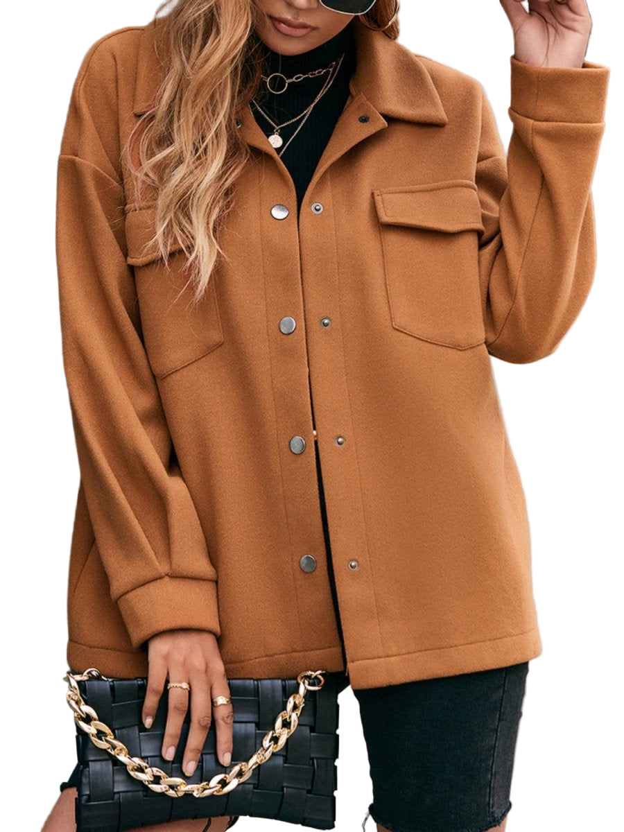 Relaxed fit dropped shoulder snap down jacket with front pockets minimalist everyday outerwear
