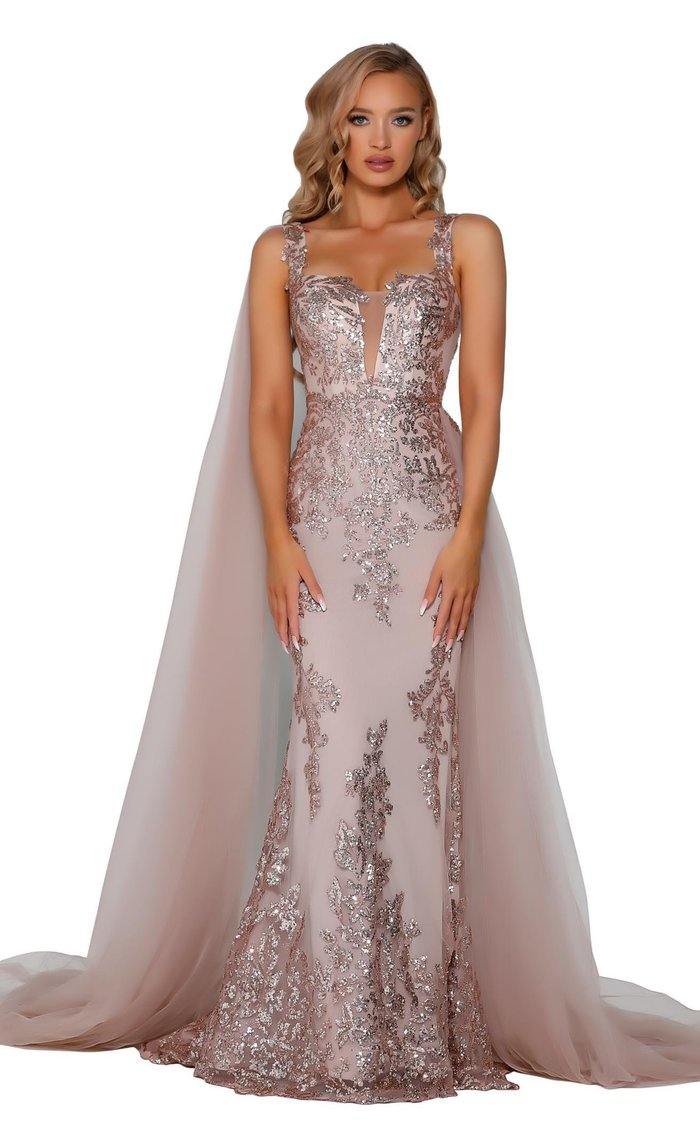 Portia Scarlett 5011 long trumpet prom dress with sheer V-neck and floral applique cape overlay