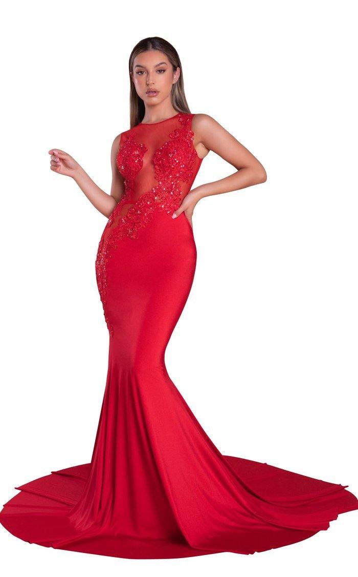 Long formal prom dress fit-and-flare silhouette sleeveless illusion beaded bodice sheer panels