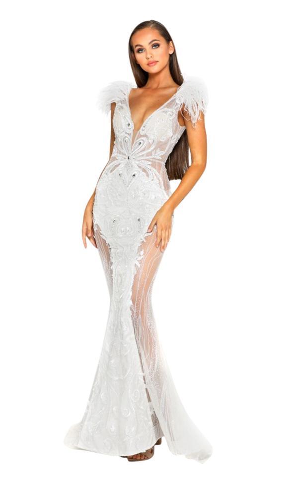 Beaded lace mermaid prom gown with sheer side panels, V-neck V-back silhouette, sculpted formal fit