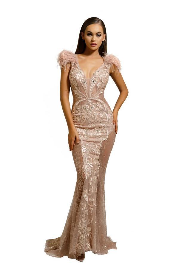 Beaded lace mermaid prom gown with sheer side panels, V-neck V-back sculpted silhouette