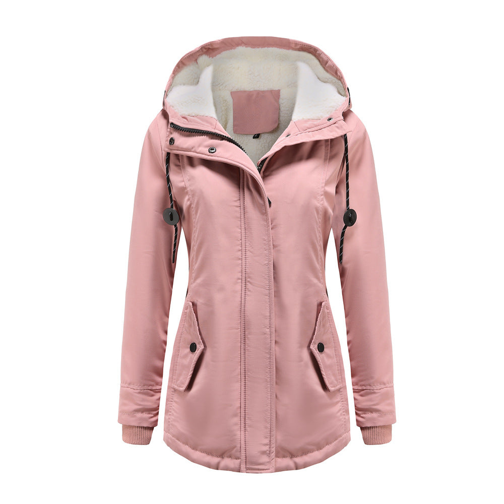 Women's waterproof fleece-lined hooded rain jacket tailored mid-length fit polished silhouette