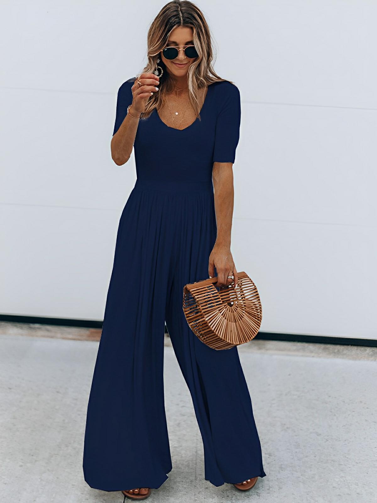 Women's black scoop neck short sleeve jumpsuit sleek professional silhouette office to evening