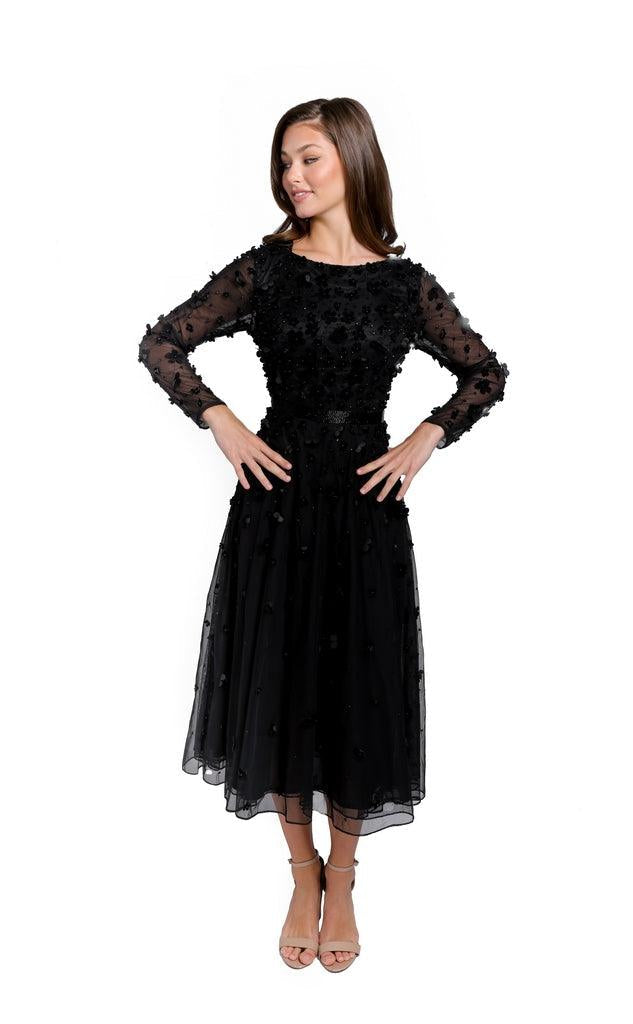 Romantic tea-length tulle bridesmaid gown with long sleeves, floral appliqué, and zipper back