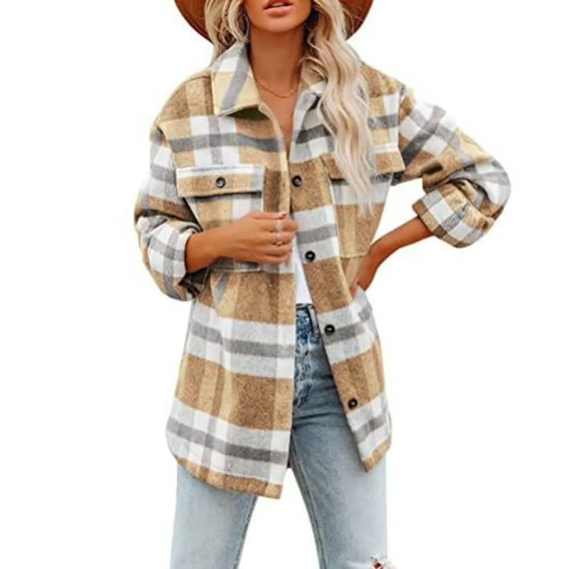 Women's lightweight plaid cotton blend blouse, straight-cut elegant spring style with soft breathable fabric