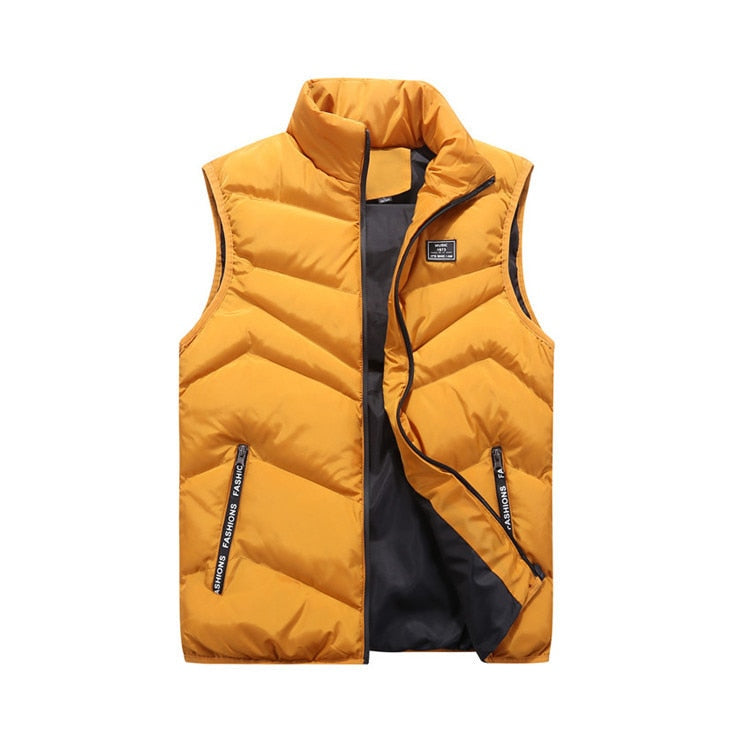Men's black zip-up vest with vertical seams, sleek structured fit and convenient side pockets