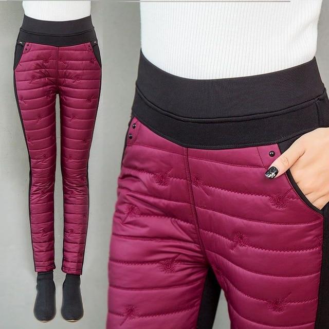 Women's black padded snow trousers waterproof thermal insulated slim-fit skiing pants cold weather