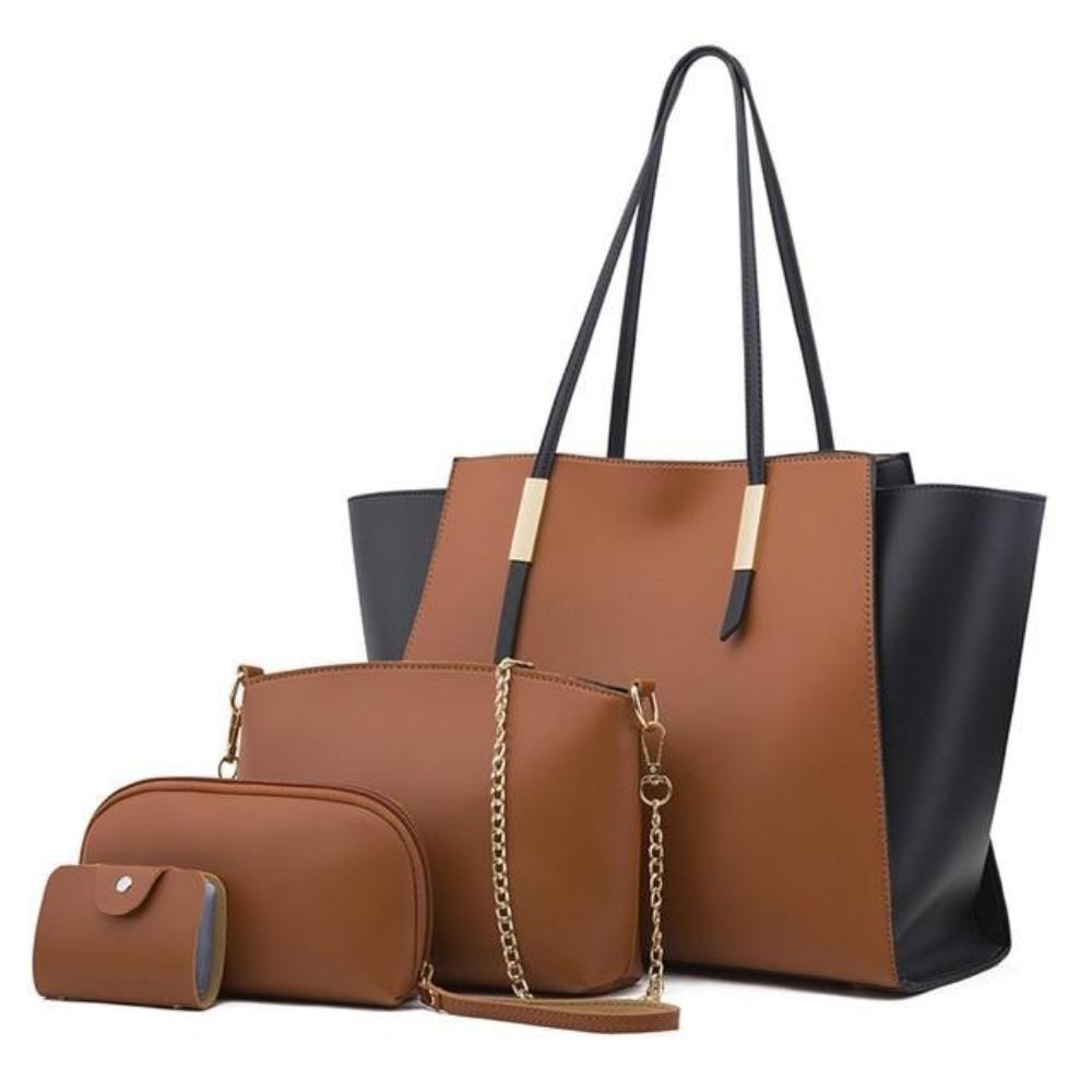 Amy four-piece vegan leather tote bag set with crossbody clutch and key pouch for women