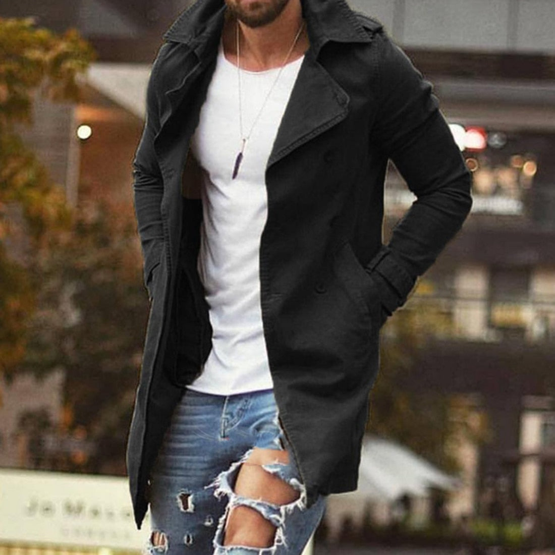 Men's long classic cut autumn coat elegant warm timeless design in neutral versatile style
