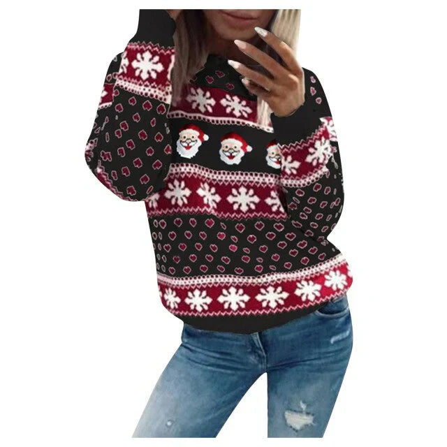 Women's red cozy knit Christmas sweater with festive Santa snowflake holiday motif pattern