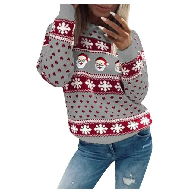 Women's red cozy knit Christmas sweater with Santa snowflake festive holiday pattern