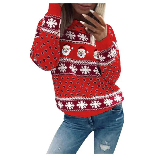 Women's red cozy knit Christmas sweater with festive Santa snowflake holiday pattern