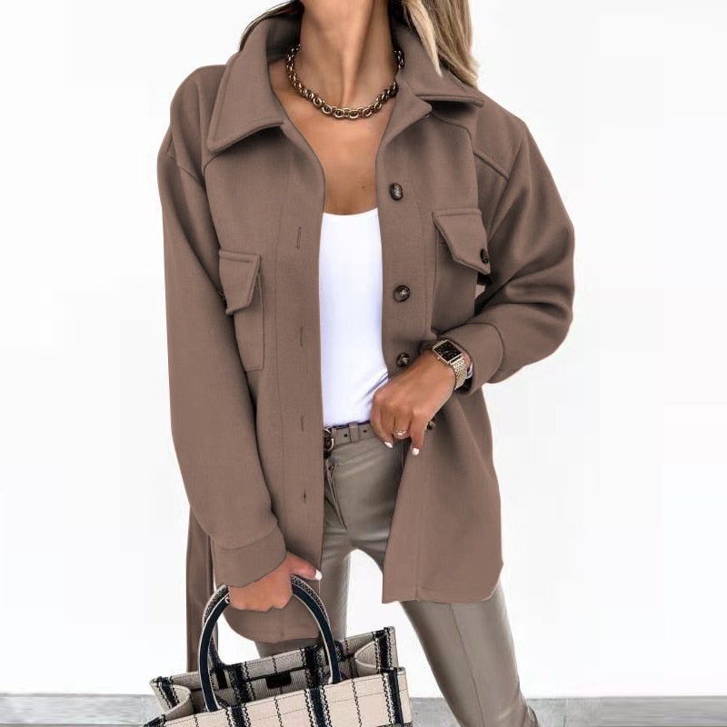 Timeless shirt jacket in classic tones, tailored slim cut with elegant buttons and functional chest pockets
