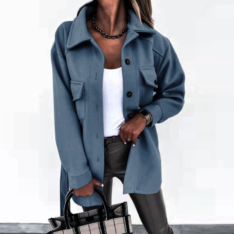Timeless shirt jacket in classic tones, tailored smart-casual cut with elegant buttons and dual chest pockets