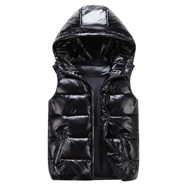 Men's quilted sleeveless vest in neutral tone, relaxed fit with attached high-neck hood for layering