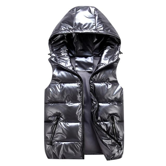 Men's quilted sleeveless vest in neutral tone, relaxed fit with high-neck hood for casual layering