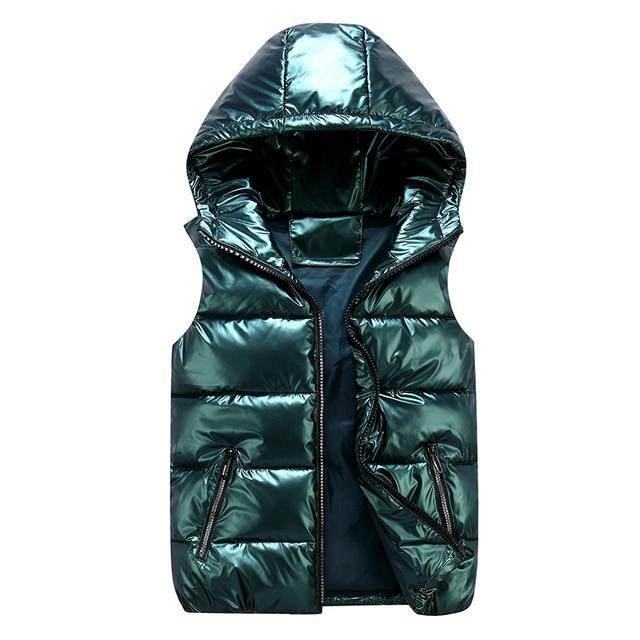 Men's quilted sleeveless vest with high-neck hood, relaxed fit hip-length layering essential
