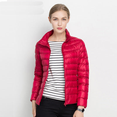 Navy slim-fit unisex quilted jacket with high collar, lightweight thermal insulation for outdoor wear