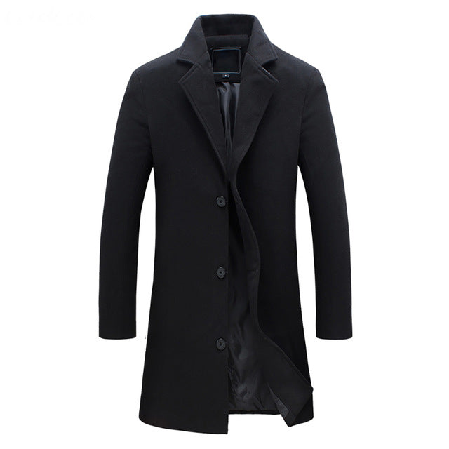 Men's black formal long overcoat elongated silhouette clean tailored lines modern gentleman style