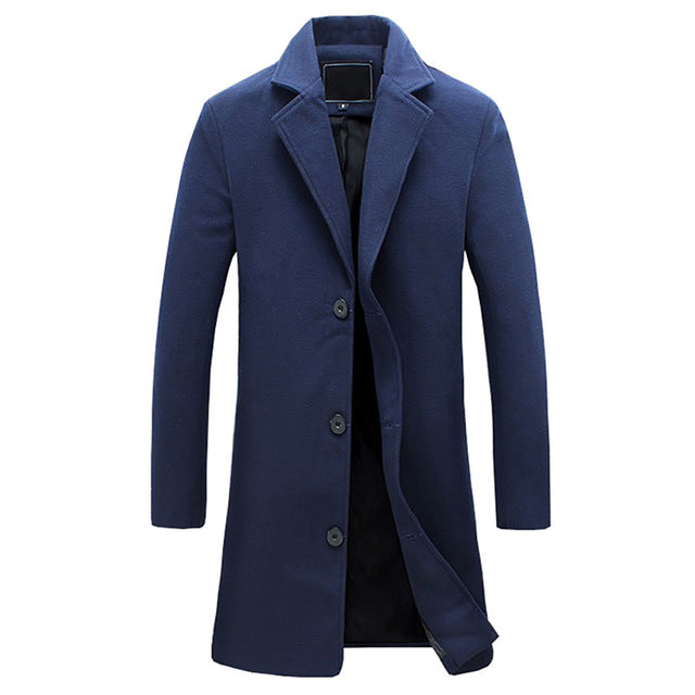 Men's black formal long overcoat elongated silhouette clean tailored lines modern gentleman style
