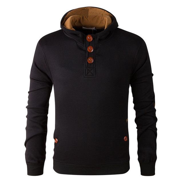 Men's grey premium fleece hip-length hoodie with drawstring hood and henley neckline