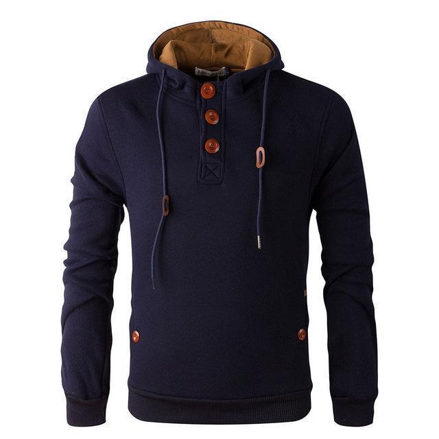 Men's grey premium fleece hip-length hoodie with drawstring Henley neckline and relaxed fit