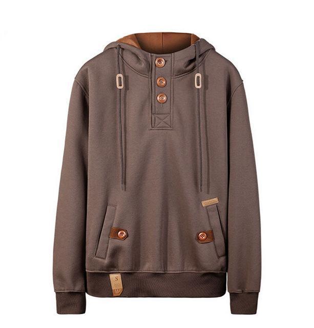 Men's grey premium fleece hip-length hoodie with drawstring hood and Henley neckline