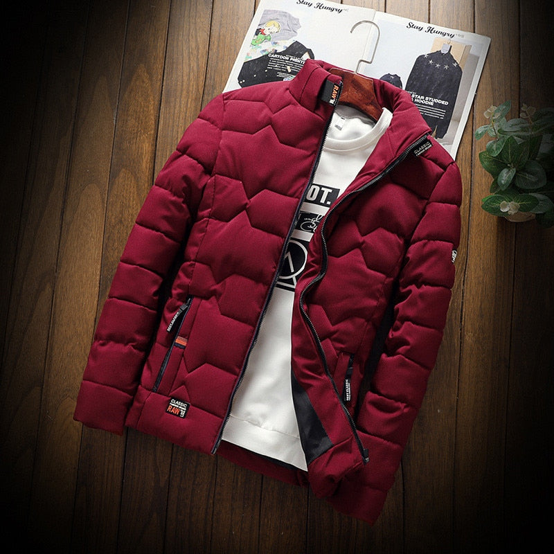 Men's quilted down jacket with stand-up collar in classic colorway for cold-weather everyday wear