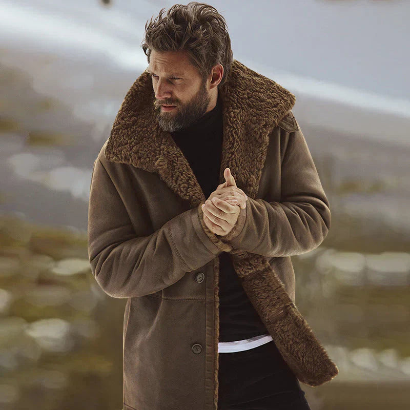 Men's relaxed-fit mid-thigh parka jacket with faux shearling lining, warm winter outdoor coat