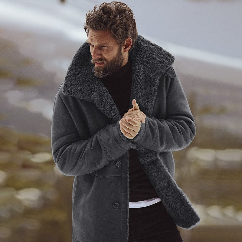 Men's relaxed-fit mid-thigh parka jacket with faux shearling lining, warm winter outdoor coat
