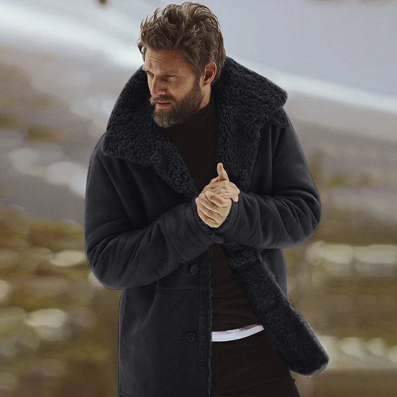 Men's relaxed-fit mid-thigh parka jacket with faux shearling lining for warm winter outdoor wear