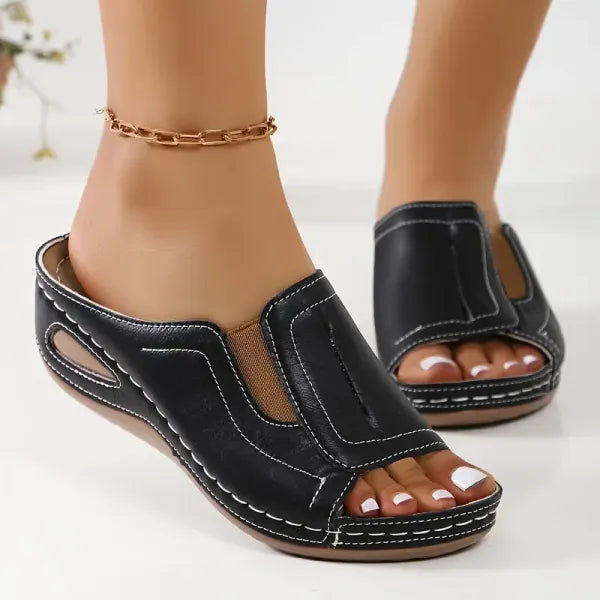 Women's slip-on open-toe sandals leather-look finish soft padded sole casual everyday style