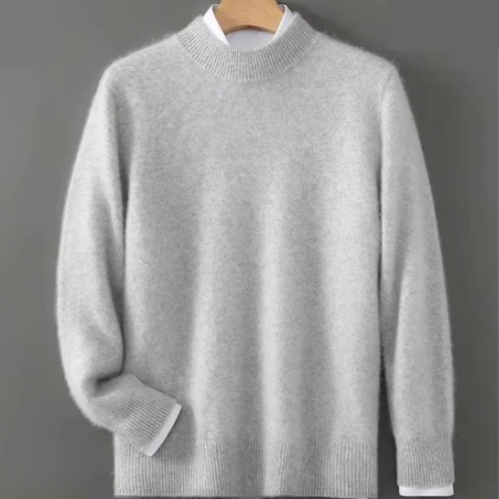 Men's thick knit wool crewneck sweater in neutral tone, relaxed fit with ribbed hem for fall winter warmth