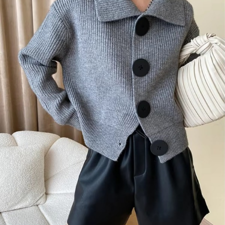 Women's grey loose fit knit cardigan with button front closure and turn-down collar for fall