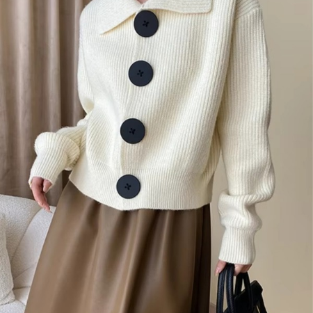Women's grey loose fit knit cardigan with button front and turn-down collar for fall winter