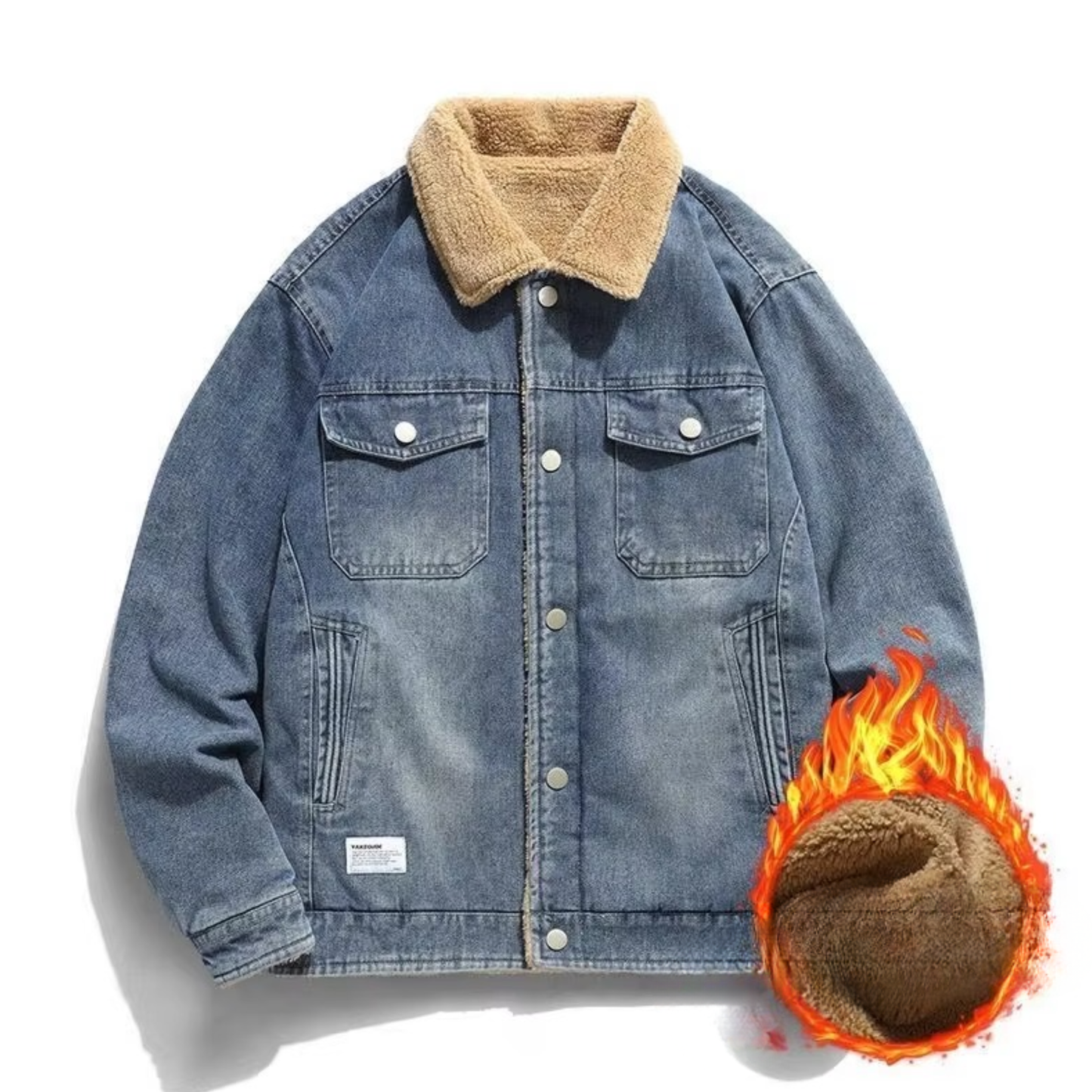 Men's fleece-lined denim jacket in classic blue, casual fit with plush interior lining for winter warmth