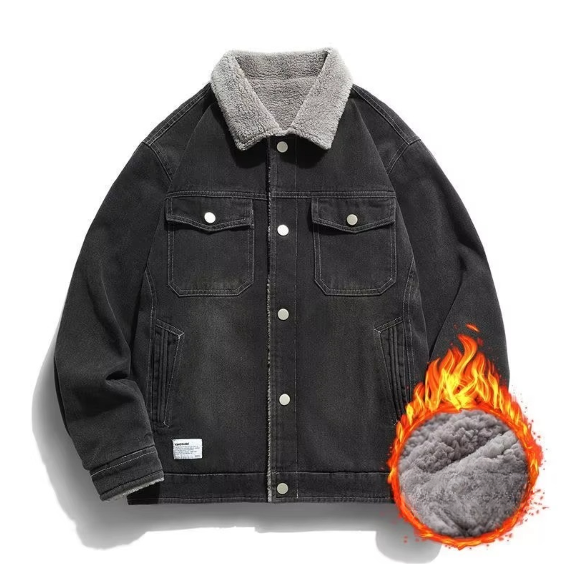 Men's fleece-lined denim jacket in classic blue, casual fit with plush interior lining for winter warmth