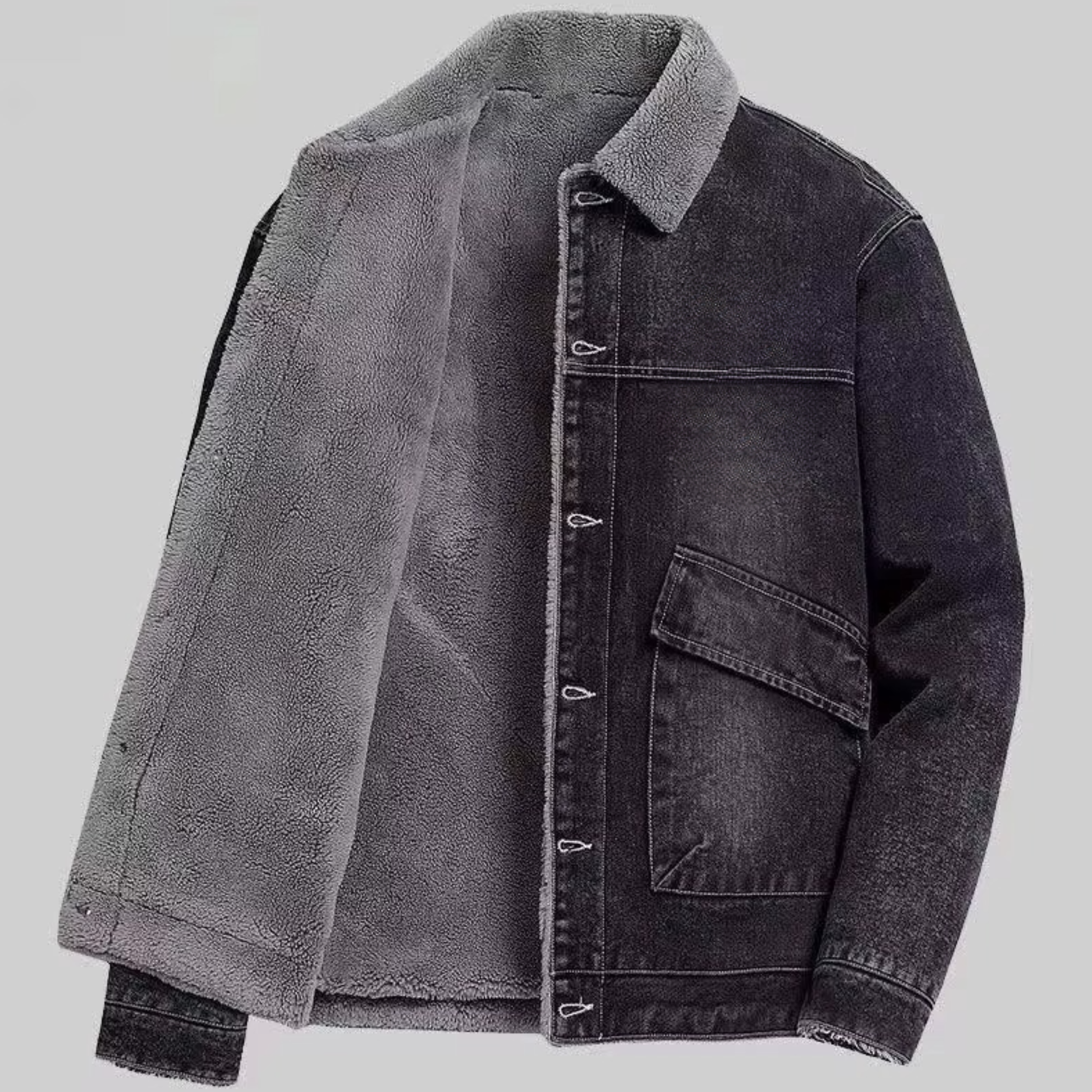 Men's fleece-lined denim jacket in classic blue, casual fit with plush interior lining for winter warmth