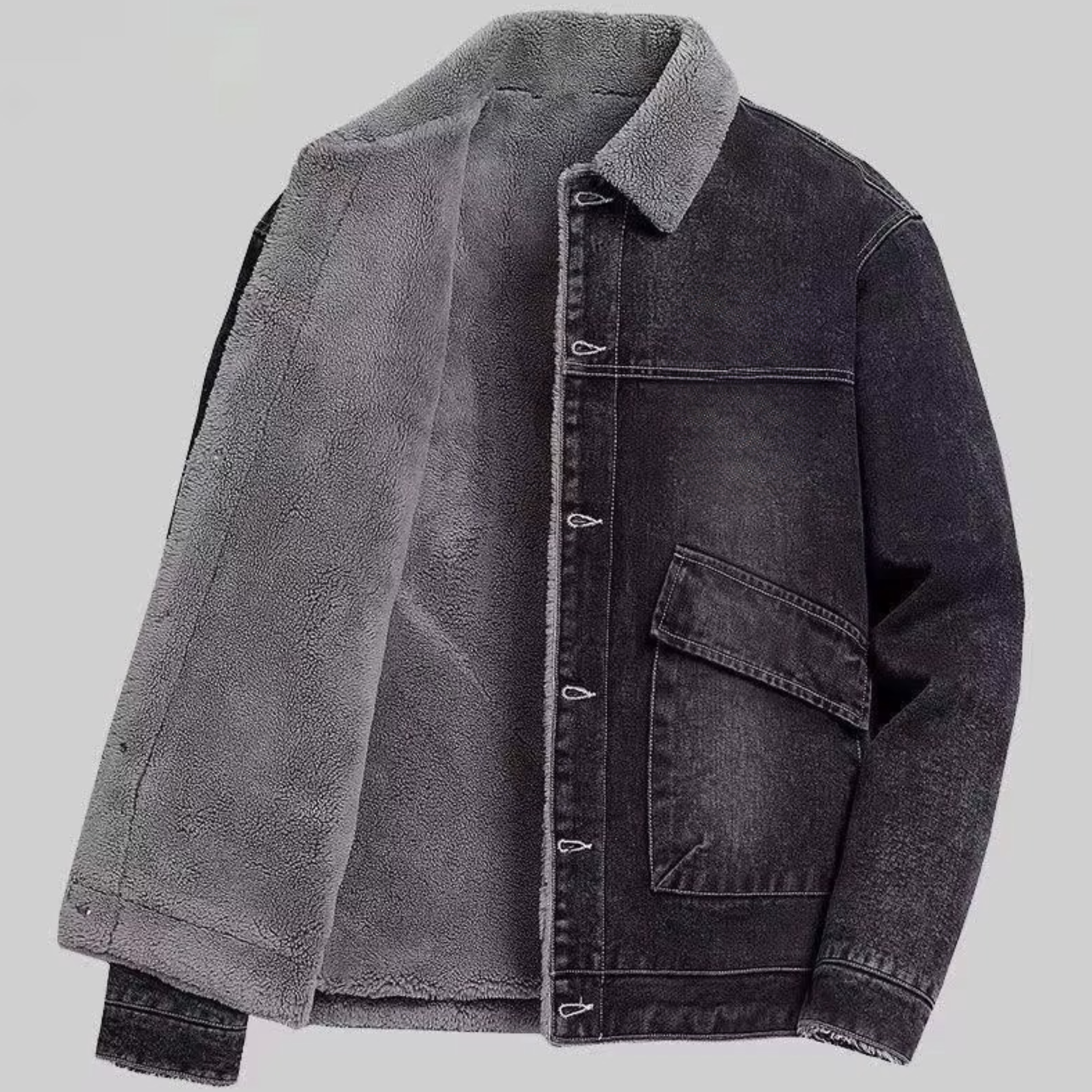 Men's fleece-lined denim jacket in classic blue, casual fit with plush interior lining for winter warmth