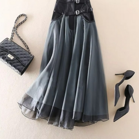 Women's Y2K high-waist patchwork gauze A-line skirt in contrast colors with vintage retro flowy silhouette