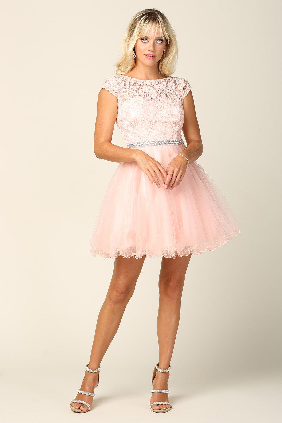 Glamorous cap sleeve lace tulle mini prom dress with corset back and belt in elegant short silhouette